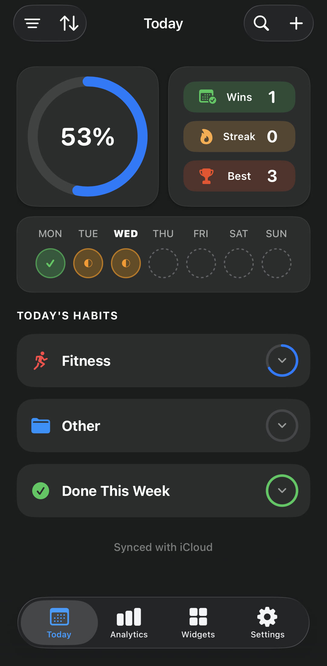 Habits — Today screen, dark mode, 53% complete