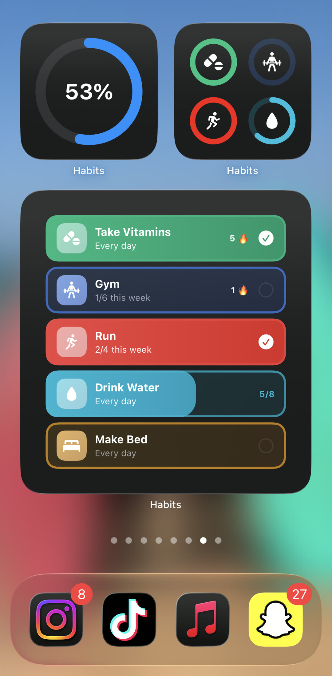 Three Habits widgets on the iPhone home screen