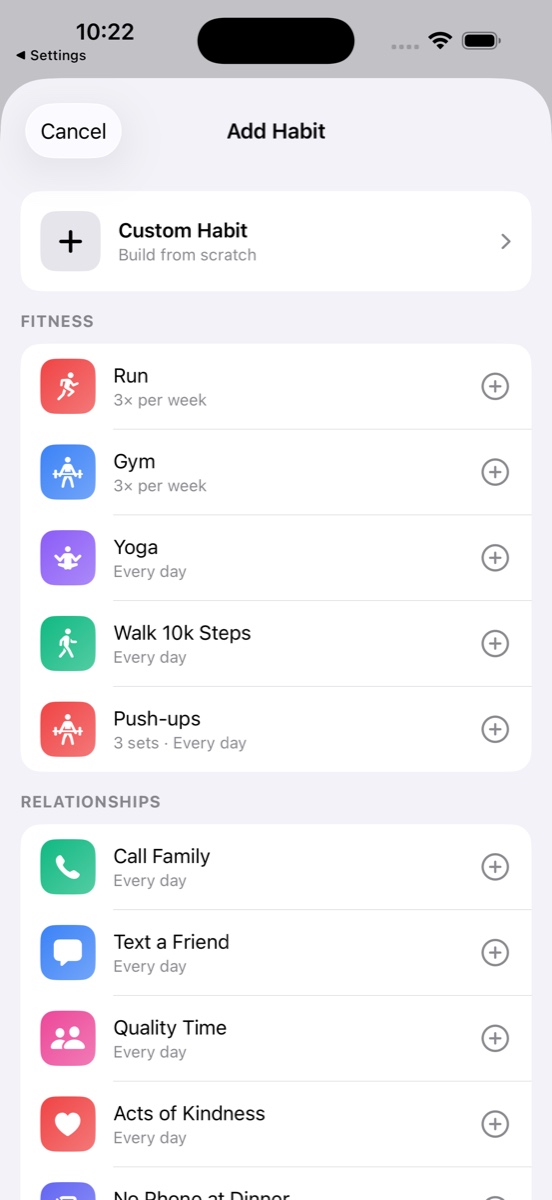Add Habit sheet: Custom Habit + Fitness category with Run, Gym, Yoga templates