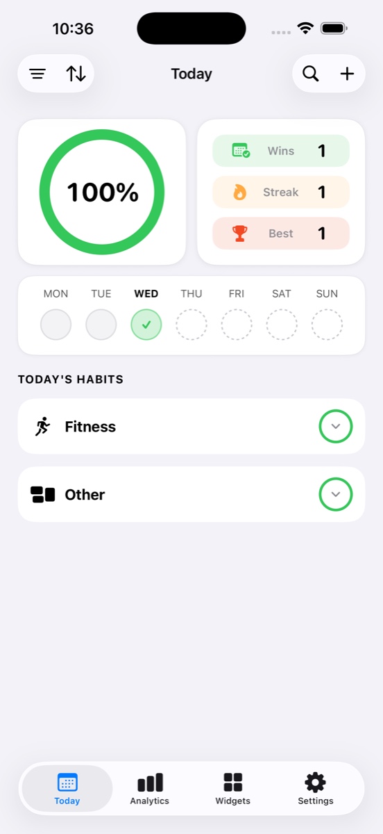 Today with habits organised into Fitness and Other groups