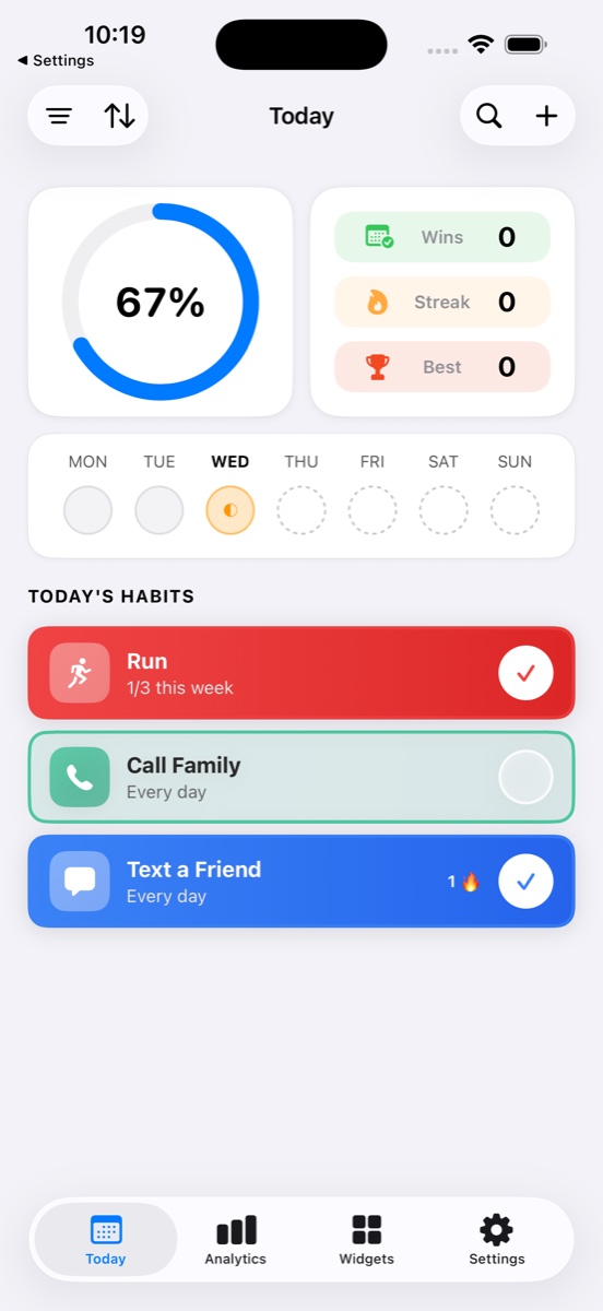 Habits Today screen at 67% complete: progress ring, Wins / Streak / Best stats, week tracker, three habit cards