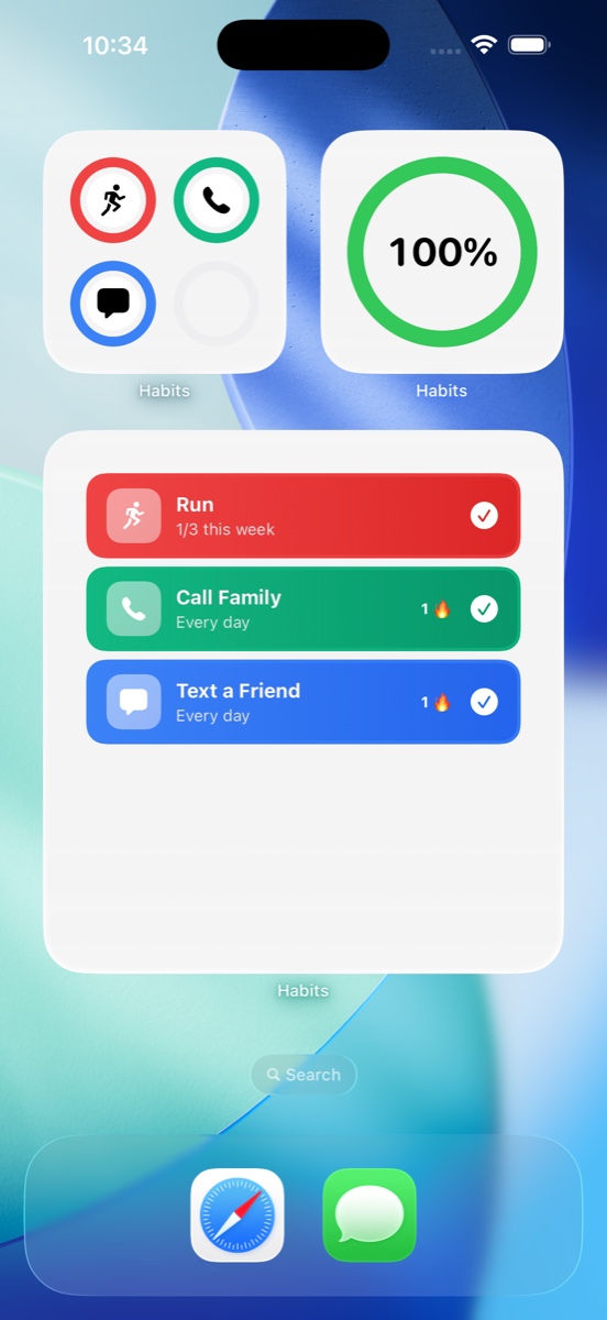 iPhone home screen with three Habits widgets in different sizes