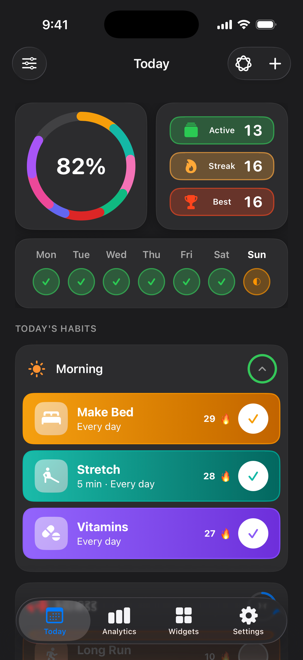 Habits Today screen showing a progress ring, daily habit cards, and streaks.