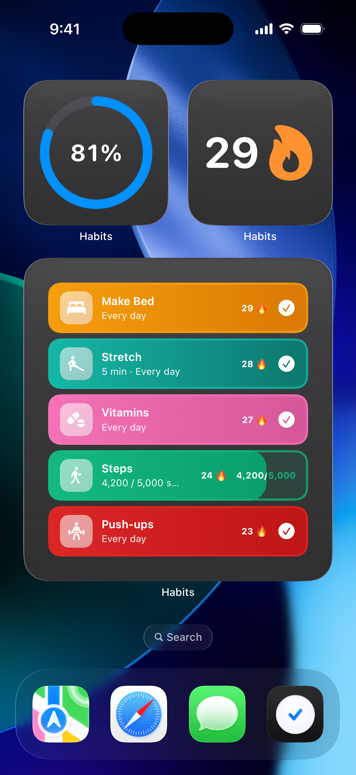 Habits progress widgets on an iPhone Home Screen.